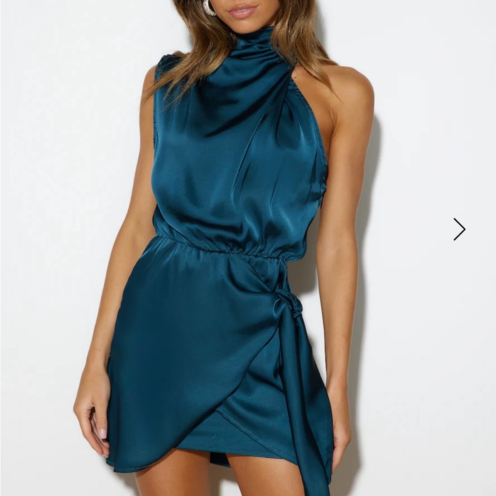 Hello Molly Teal Satin Halter Mini Dress